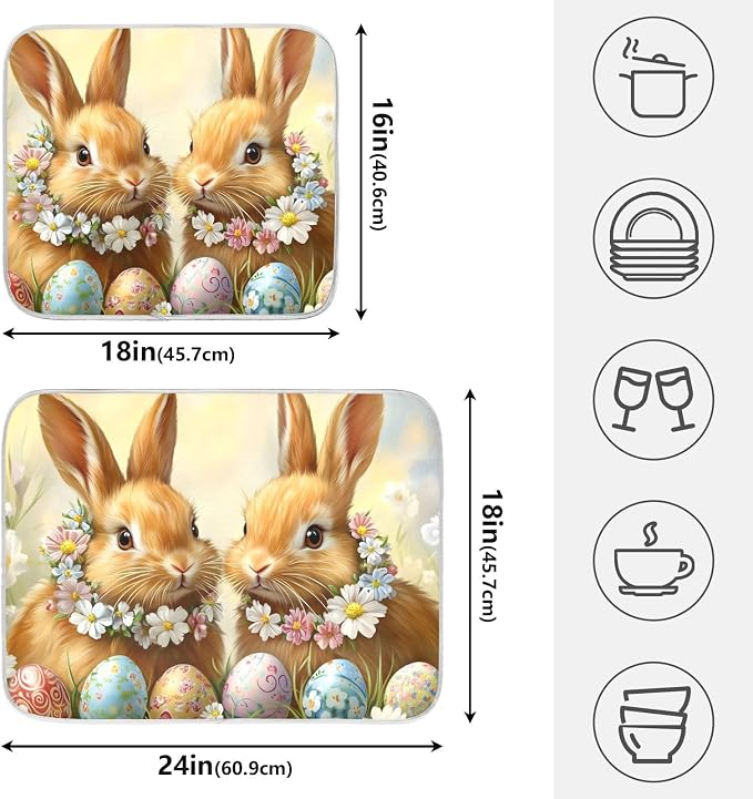 Cute Rabbit Bunny Easter Eggs Dish Drying Mat for Kitchen Counter Absorbent Microfiber Large Drying Pad Dish Mats for Kitchen Countertops 18 x 24 Inch