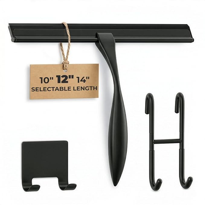 Black Squeegee for Shower Glass, 12" Silicone Blade, Stainless Steel | Shower Door Squeegee with Hook, Adhesive Mount; All-Purpose Bathroom Tile, Mirror, & Window Wiper for Streak-Free Cleaning