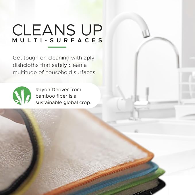 Whiffkitch Dishcloths Dishrags for Kitchen and Household Cleaning 9x9 6-Pack Non-Scratch 2-Ply Weave, Bamboo-Rayon Fabric, Absorbent, Washable, Long-Lasting