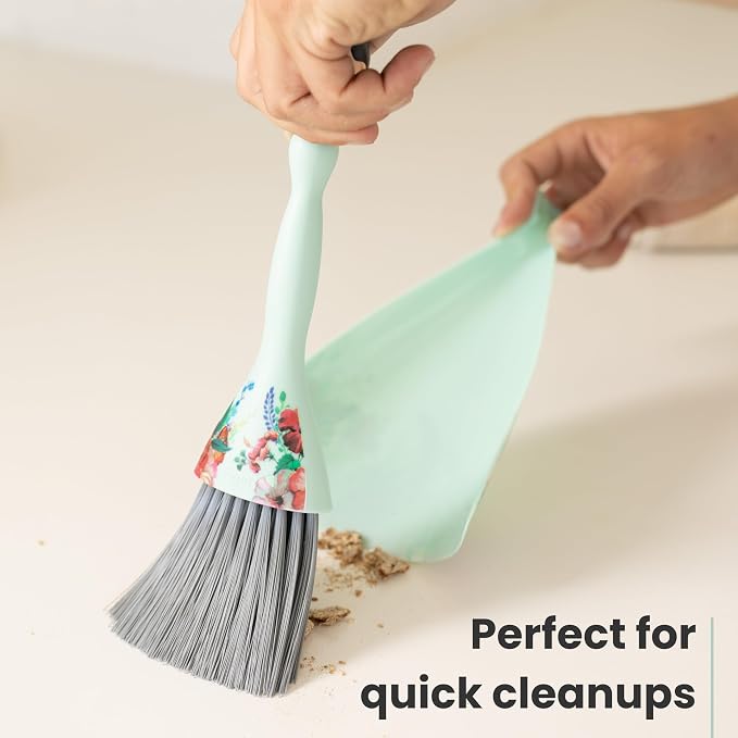 Vigar Mini Broom and Dustpan Set - Small Broom and Dustpan, Hand Broom for Desk, Kitchen, Car, Crumb Brush for Dust & Pet Hair, Decorative Doll Design, Portable Dust Pan Brush for Indoor - Turquoise