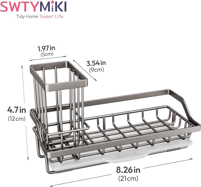 SWTYMIKI Sink Caddy Sponge Holder - Kitchen Sink Organizer with High Brush Holder for Countertop to Hold Dish Soaps and Sponges, Stainless Steel, Sand Nickel