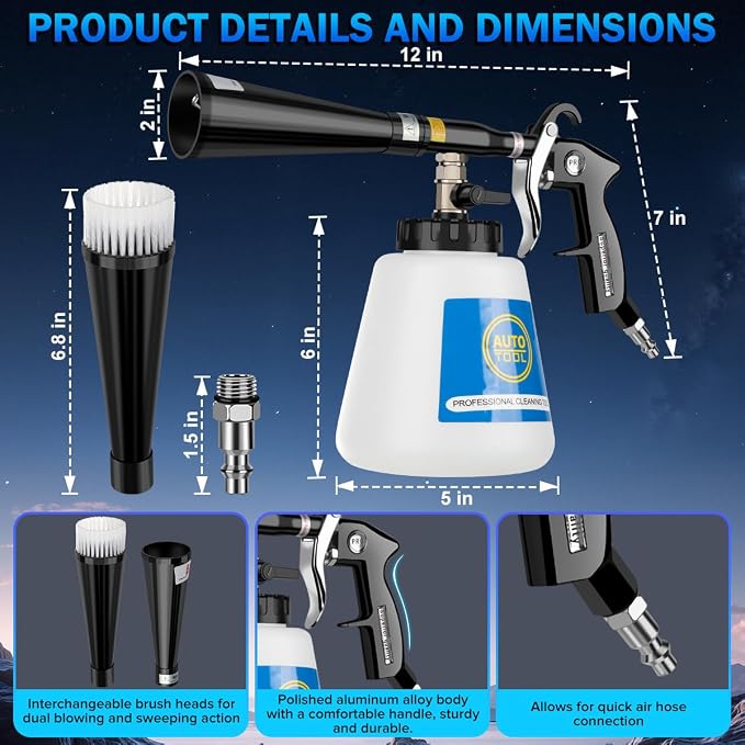 Car Cleaning Gun,High-Pressure Air Blow Gun,Air Cleaning Gun,Air Blow Gun with 2 Set Nozzles &1L Liquid Bottle,Works with Air Compressor,Pro Auto Detailing Tool for Deep Cleaning Interiors & Exteriors