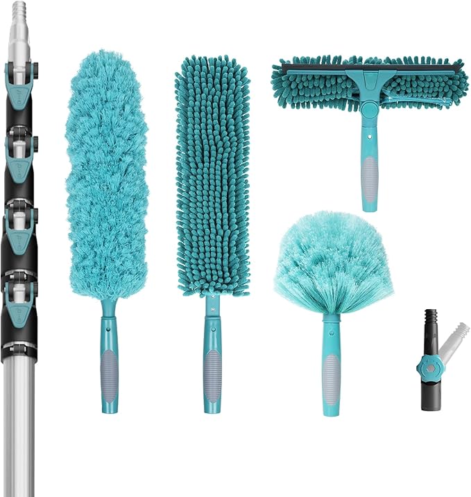 TelesPro 36 Foot High Reach Duster Kit with 7-30FT Extension Pole High Ceiling Dusting and Window Cleaning Kit with Telescopic Pole Window Washer&Squeegee,Cobweb Duster,Fan Duster and Feather Duster