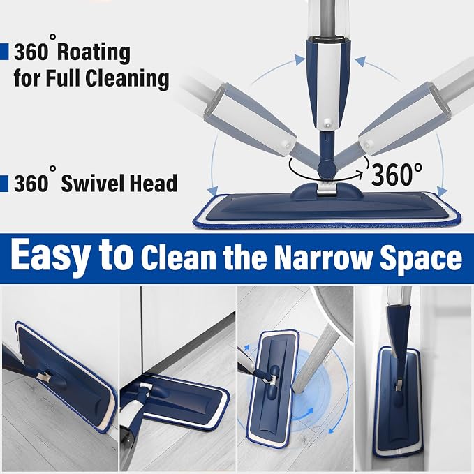 Spray Mop for Floor Cleaning, 2 Pack with Refillable Bottles & Pads | Blue combo, refillable 14 oz bottles, 6 washable microfiber pads, wet/dry use for hardwood, tile, laminate, home & commercial
