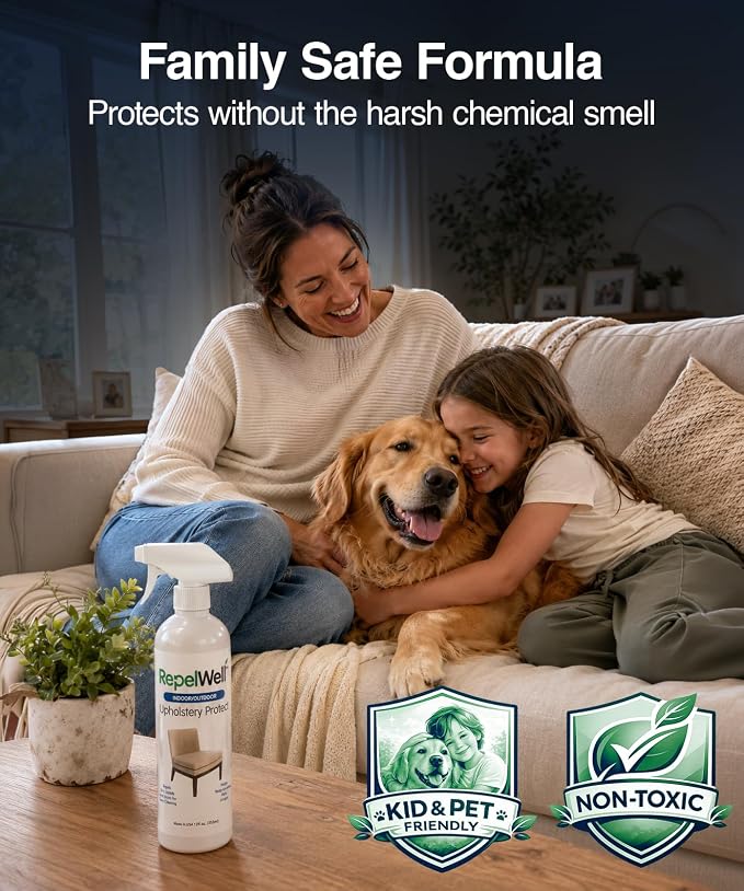 RepelWell Non Toxic Fabric Protector Spray for Upholstery & Furniture,12 oz | Helps repel water, coffee, wine, food, dirt and everyday spills from upholstery.