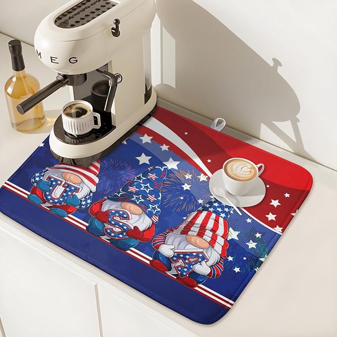 Kawani 4th of July Dish Drying Mat 16x18 Inch Spring Summer Patrioti Gnome Memorial Kitchen Mats Independece Day Absorbent Dishes Pad for Kitchen Counter Usa Stars Drying Mat Home Decor Countertops
