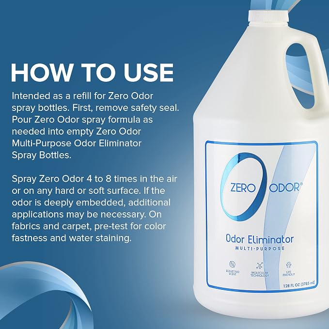 Zero Odor Multi-Purpose Odor Eliminator, Air and Surface Odor Remover for Home, Bathroom, Kitchen, and Closet, Refill, 128 oz