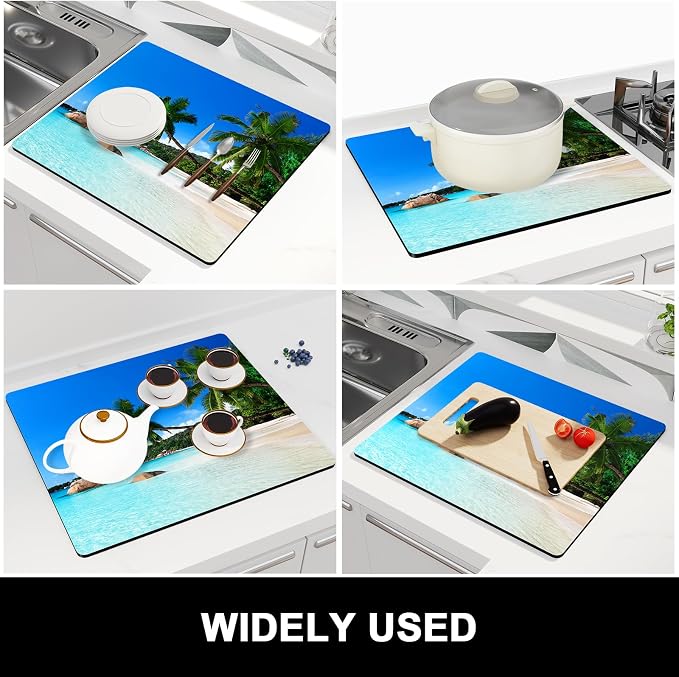 Rnivvi Dish Drying Mat for Kitchen Counter, 16 x 18" Cute Absorbent Heat Resistant Drying Pad with Non-slip Rubber, Coffee Bar Mats for Coffee Machine Dish Rack Kitchen Decor Accessories, Beach