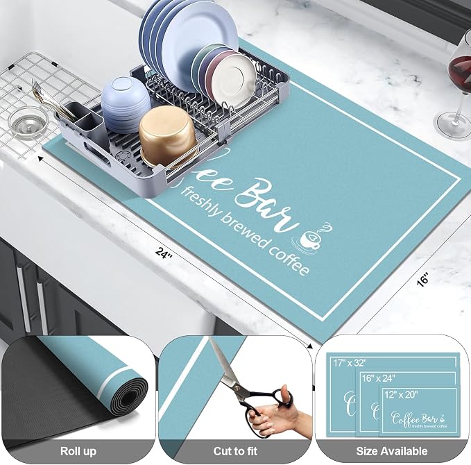 Findosom Dish Drying Mat, 16"x 24" Super Absorbent & Hide Stain Coffee Mat, Cuttable Drying Mat for Kitchen Counter, Coffee Bar Accessories, Under Dish Rack, Coffee Maker, Espresso Machine, Blue