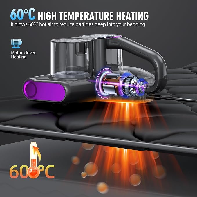 Mattress Vacuum Cleaner with 16KPa Suction, UV-C Light, 140°F Heated Air, 30000 RPM Brushroll, Ultrasonic Technology, HEPA Filter, 500W Corded Bed Vacuum for Mattress, Sofa & Carpet (Dark Gray)
