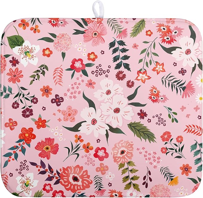 Pink Floral Dish Drying Mat for Kitchen Counter Cute Flower Print Dish Rack Mats Absorbent Microfiber Dish Draining Mat Reusable Washable Large Drainer Pad 16x18 Inch