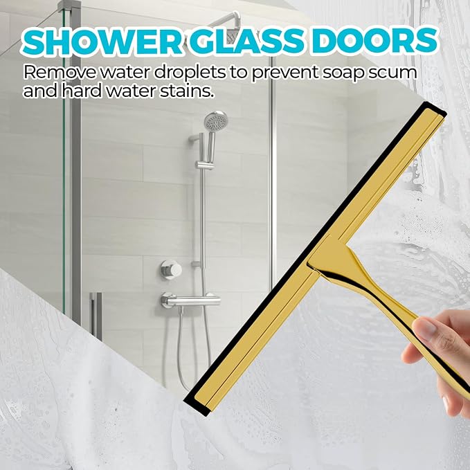 ALFLOD Shower Squeegee for Glass Doors, Tile Walls, Mirrors and Windshields | 10" gold, bathroom accessories, window cleaner, new home essentials, silicone blade, metal handle, adhesive hook