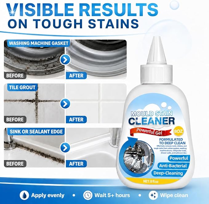 Housemold Stain Remover Gel for Washing Machine & Bathroom – Low Odor Remover Gel for Rubber Gaskets, Caulk, Shower Grout, Silicone Sealant, Toilet, Kitchen Sink, 8 FL