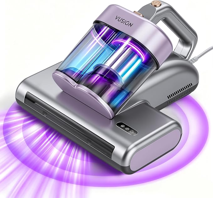 VUSIGN Mattress Vacuum Cleaner, 16Kpa Bed Vacuum Cleaner with 253.7nm UV-C Light, 140°F Heat, 40000RPM, HEPA Filter & Ultrasonic, Double-Cup Handheld Vacuums for Bed, Sofa, Couch, Crib(Corded, 500W)