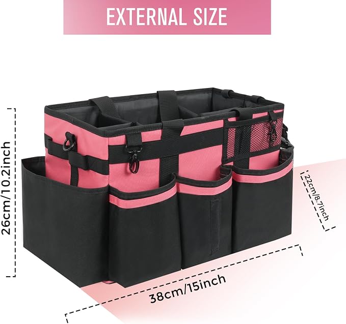SCAVATA Wearable Cleaning Caddy, Cleaning Caddy Supplies Organizer with Handle & Shoulder Straps for Housekeepers, Under Sink & Car Cleaning Tool Organizers Bag with 4 Foldable Divider (OleanderRed)