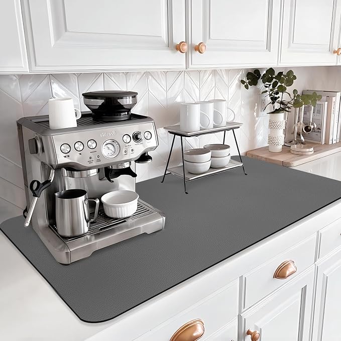 LOPNUR Kitchen Dish Drying Mat, 31.5"x17" Extra Large Dish Drying Mats for Kitchen Counter, Diatomite Coffee Mat, Super Absorbent Dish Drying Pad, Heat Resistant Mat with Anti-slip Rubber Backed, Grey