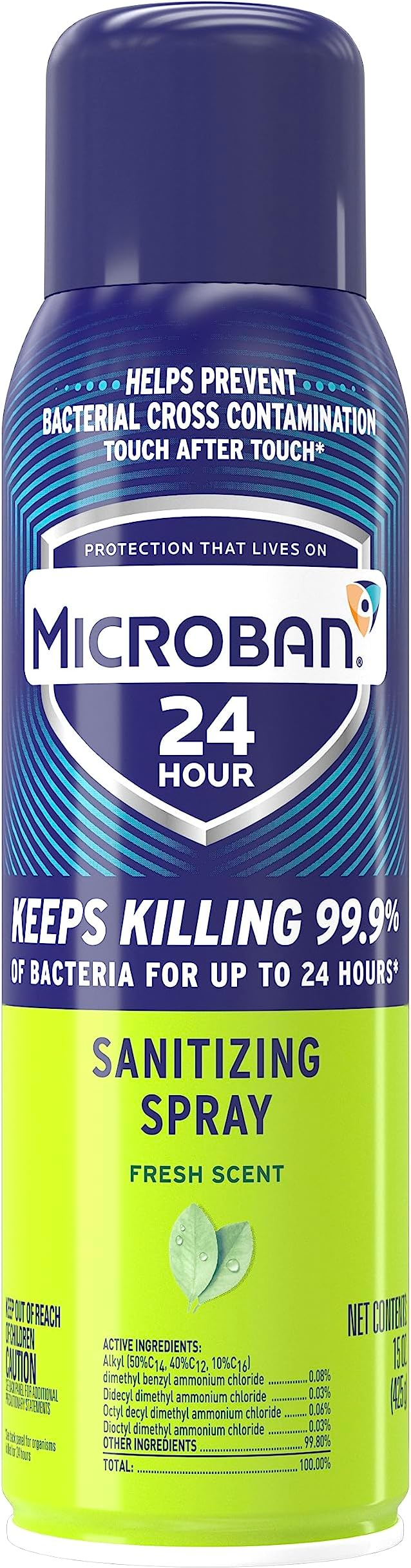 Microban 24 Hour Disinfectant Sanitizing Spray, Fresh Scent, 15oz