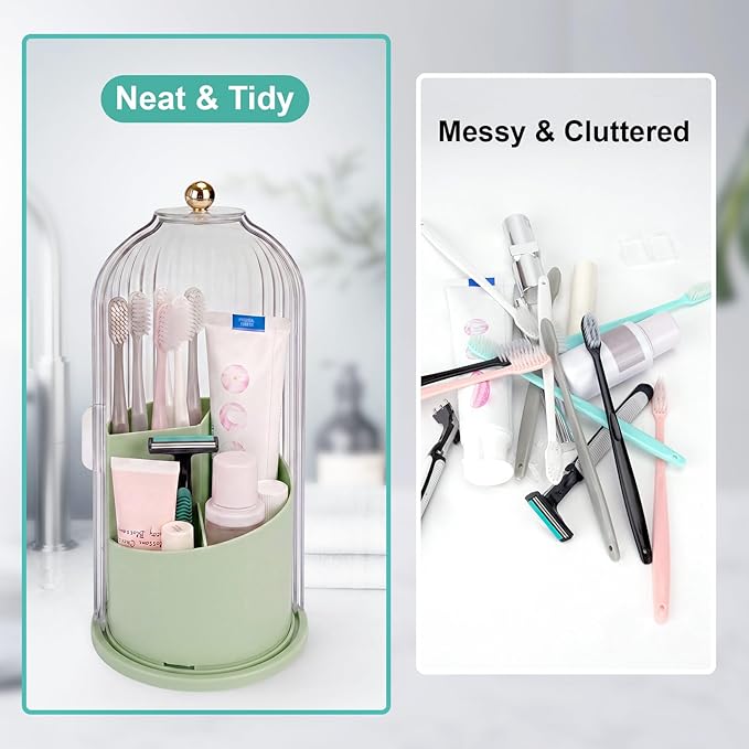 QIYVLOS Toothbrush Holders with Sliding Lid, Rotating 3 Slots Bathroom Organizer Countertop, Tooth Brush Toothpaste Holder Bathroom Counter Stand Sink Organizer Caddy for Makeup Brushes Holder (Green)