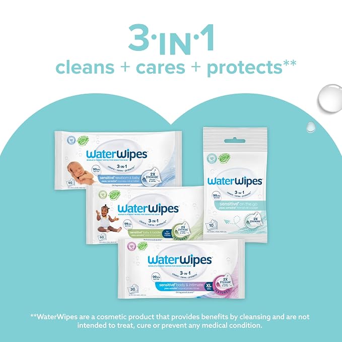 WaterWipes Sensitive+ On The Go Wipes, 3-In-1 Cleans, Cares, Protects, 99.9% Water, Unscented & Hypoallergenic Wet Wipes, 100 Count (10 Packs)