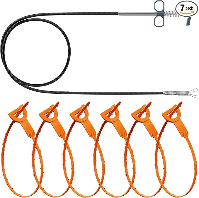 Drain Snake Clog Remover Set, 63" Metal & 20" Plastic Hair Snake | 1x Metal Drain Auger, 6x Snake Drain Hair Removal Tool, Flexible Plumbing Snake for Bathroom Sink, Bathtub, Shower, Kitchen