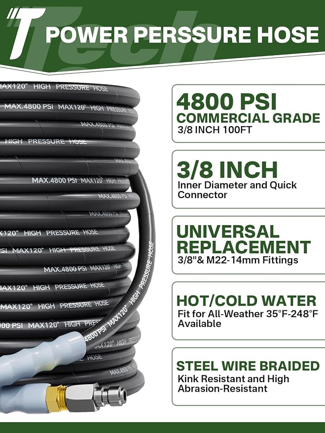 3/8" 4800PSI Pressure Washer Hose 100FT Swivel Quick Connect | Power Washer Hose for Cold/Hot Water Max 248°F, Kink Resistant Steel Wire Braided, Wear Resistant with M22 14mm Adapter