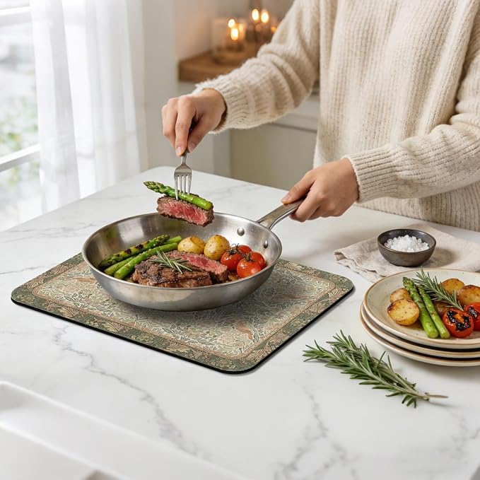 Dish Drying Mat for Kitchen Counter 17x32 Inch, Boho Quick Dry Coffee Mat | Made of super absorbent diatomite that quick dries dishes, coffee machine & sink area. Non-slip rubber base for countertop