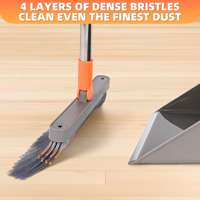 Broom and Dustpan Set, 51 inch Long Adjustable Handle Angle Broom and Dustpan Combo Set with Double Dustpan Teeth to Clean Hair for Home Kitchen Office Lobby, Orange&Grey