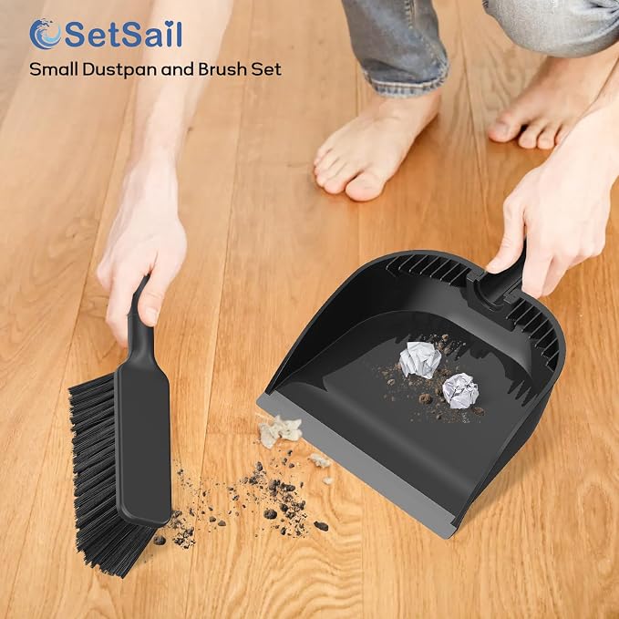 SetSail Small Dustpan and Brush Set with Teeth for Pet Hair Cleaning,Black | Nesting Snap-On Handheld Broom and Dust Pan Portable Broom and Dustpan Set Suitable for Desktop, Sofa, Camping
