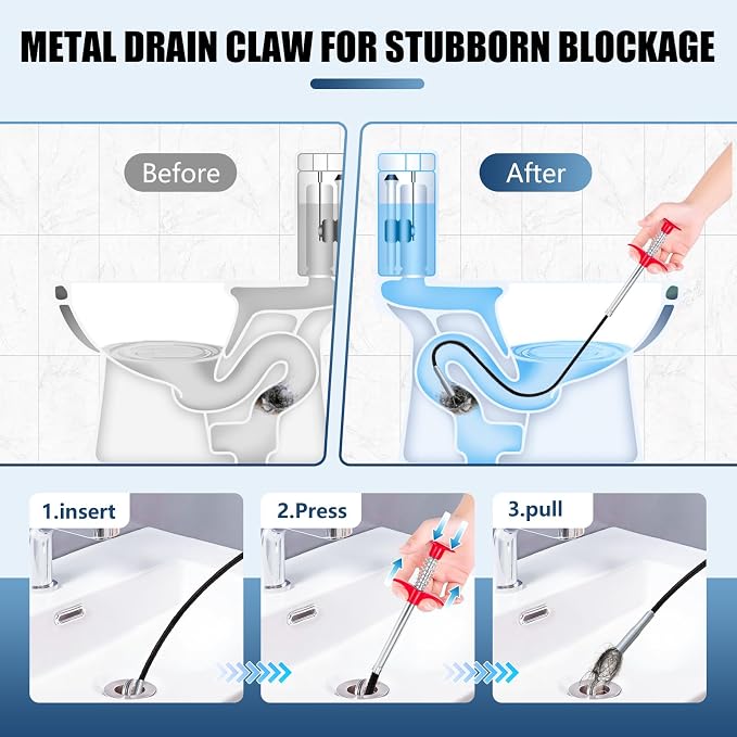 Flexible Grabber Claw (4 Claws), Drain Snake with Tweezers, Bendable Hose Grabber Reacher Tool, Retractable Drain Clog Remover Tool, Pickup Tool for Bath Tub, Toilet, Kitchen Sink & Sewer (35 inches)