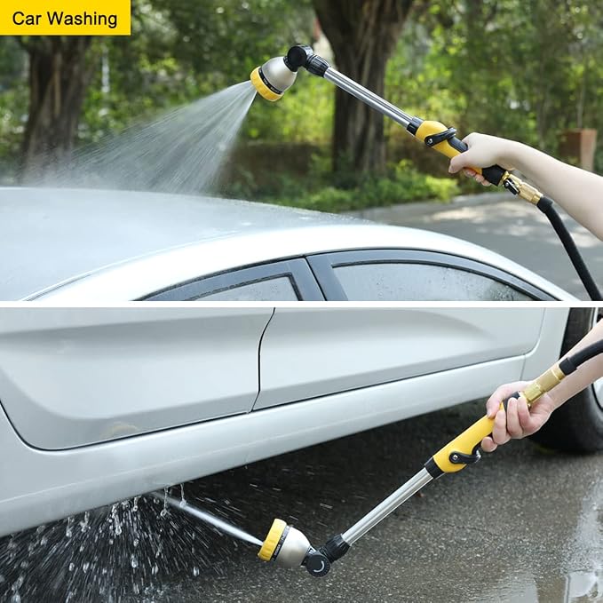 FANHAO 16 Inches Garden Watering Wand, 180° Rotating Head Hose Wand with Thumb Control Shut Off Valve 8 Patterns Heavy Duty Garden Hose Nozzle Yellow