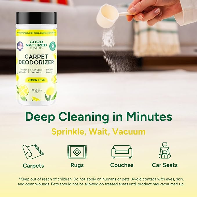 Good Natured Brand | Carpet Freshener & Deodorizer Powder | 16 oz Pet Odor Eliminator for Strong Odor & Pet Urine | Fresh Natural Lemon Scent | Safe for Homes with Pets