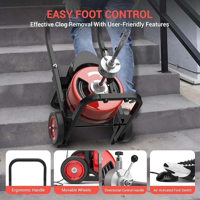 Garvee 100Ft 1/2 Inch Drain Cleaning Machine, 450W Portable Drain Cleaning Machine Auto Feed Electric Sewer Snake, Electric Drain Auger with 6 Cutter Air-Activated Foot Switch for 2" to 4" Pipes