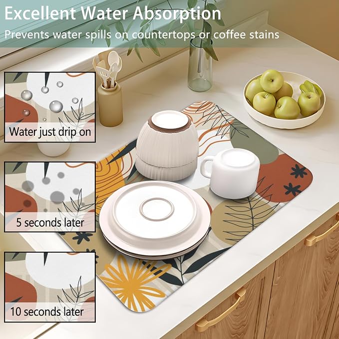Dish Drying Mat 2-Pack in Boho Abstract for Kitchen Counter Dishes Mat | Diatom Mud Mats (18x24, 19.5x12"). Non-slip rubber back for kitchen counter, coffee bar & sink scenes