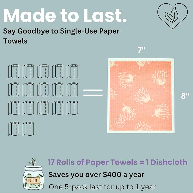 Harps&Seb Swedish Dishcloths for Kitchen Dish Towels - 5 Pack, Non-Scratch Reusable Paper Towels, Super Absorbent Washable Swedish Dish Cloths, No Odor, Biodegradable, Leaf Design