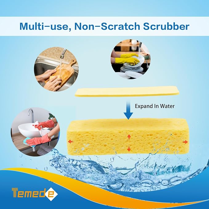 Temede Large Cellulose Sponges, Thick Absorbent Kitchen Sponges, 5-Pack | 5.5" x 3" x 1.2" (Expand), Soft Dish Sponge, Heavy Duty Scrub Sponges, Non-Scratch Cookware, Household, Compressed Packaging