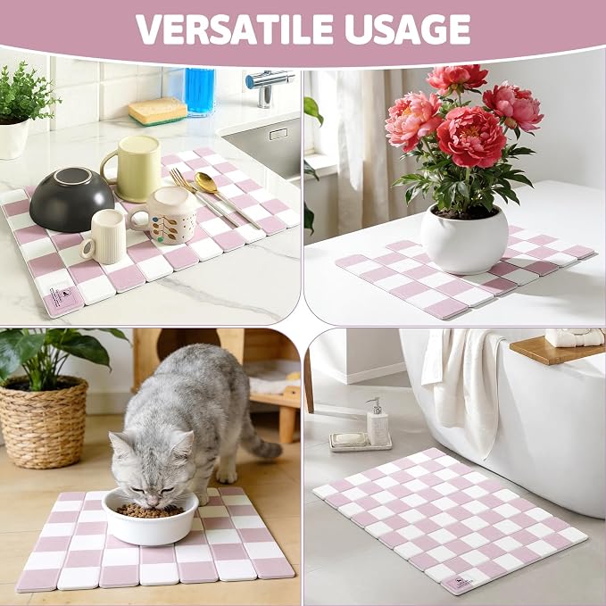 Yamaziot Large Stone Drying Mat for Kitchen Counter, 15.3"x24" Foldable Ultra Absorbent Stone Drying Mat, Quick-Dry Diatomaceous Earth Mat, Non-Slip Heat Resistant Mat for Dishes, Cups, Bottles, Pink