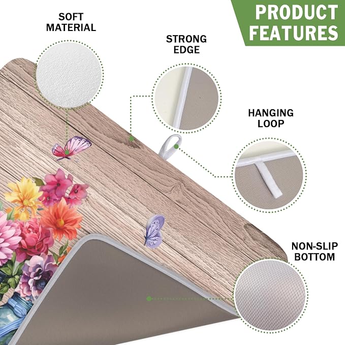 Purple Floral Wooden Board Dish Drying Mat 16x18 Inch | Vases，Vintage，Polyester，Absorbent Microfiber，for Kitchen Coffee Dining Bar Decor