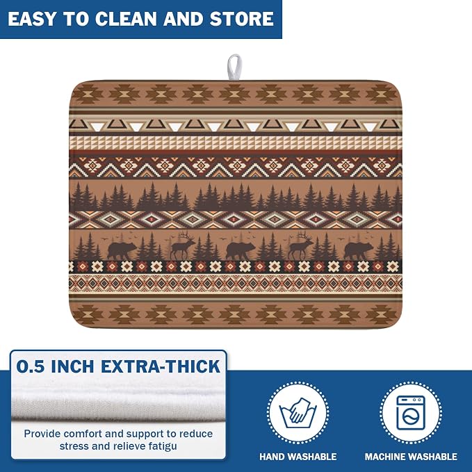 Giwawa Rustic Bear Deer Dish Drying Mat Boho Ethnic Drainer Rack Pad 18x24 Inch Microfiber Absorbent Dish Sink Mat for Counter Kitchen Tableware