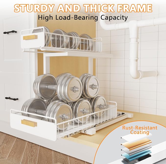 2 Pack Under Sink Organizer with Ball Bearing Sliding Drawer, Heavy Duty Pull Out Cabinet Organizer, 2 Tier Adjustable Storage Rack for Kitchen Bathroom, Space Saving Design, White