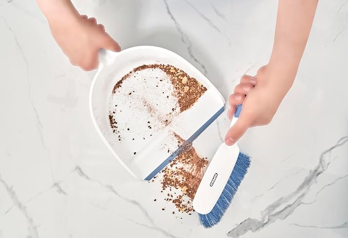 Dustpan and Brush Set, Hand Broom with Ergonomic Grip Handle - Rubber Edge for Easy Dirt Pickup, Durable Material - Grey & Blue Hand Brush by Superio, 2-Pack