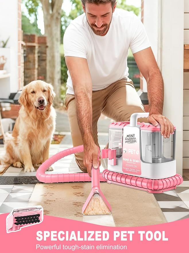 Portable Carpet & Upholstery Cleaner Machine for Pets, Powerful Suction Spot Cleaner for Couch, Sofa, Rugs, Stairs & Car Interior, Lightweight Deep Stain Remover with Cleaning Solution, Pink