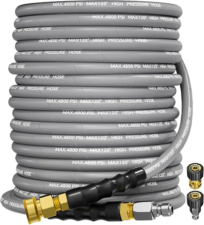 3/8" 4800PSI Pressure Washer Hose 100FT Swivel Quick Connect | Power Washer Hose for Cold/Hot Water Max 248°F, Kink Resistant Steel Wire Braided, Wear Resistant with M22 14mm Adapter