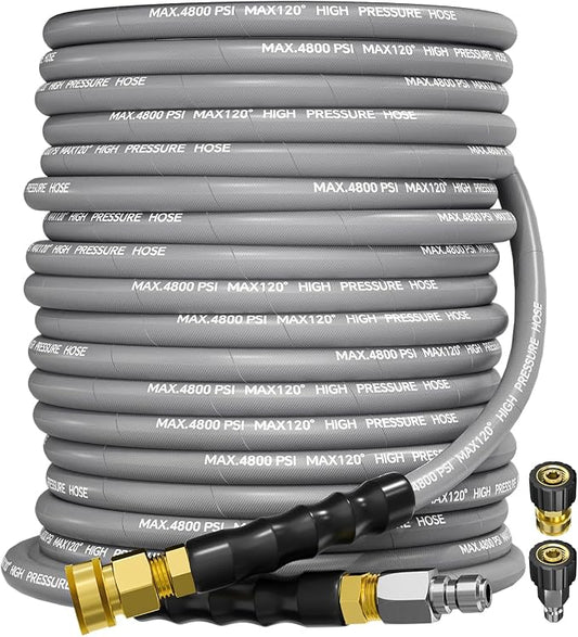 3/8" 4800PSI Pressure Washer Hose 100FT Swivel Quick Connect | Power Washer Hose for Cold/Hot Water Max 248°F, Kink Resistant Steel Wire Braided, Wear Resistant with M22 14mm Adapter