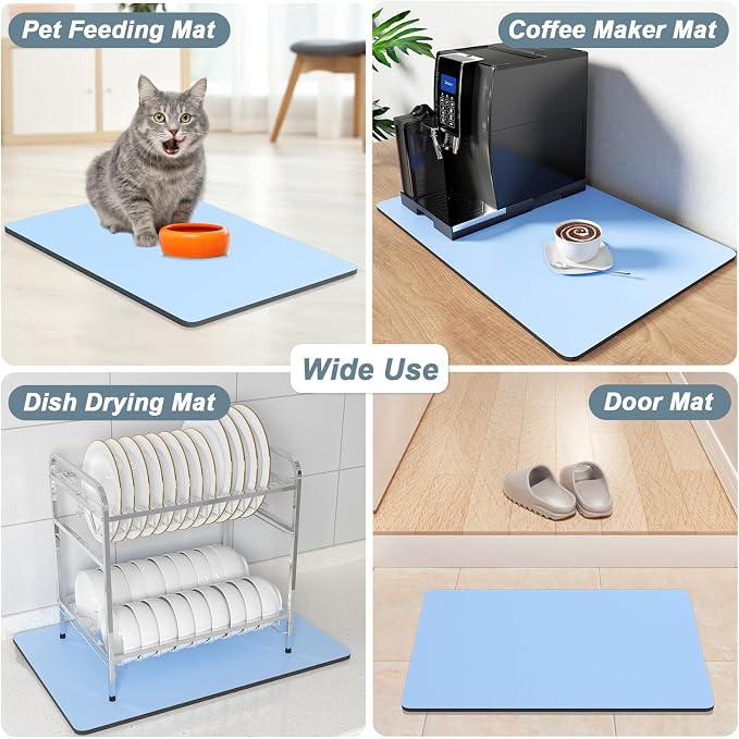 Rnivvi Coffee Mat, 16" x 24" Coffee Bar Mats for Espresso Machine Station Accessories and Organizer, Hide Stain Rubber Backed Absorbent Dish Drying Pad for Kitchen Counter, Cute Bar Decor Pad, Blue
