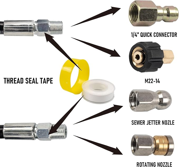 Hourleey Sewer Jetter Kit for Pressure Washer 150FT, Drain Cleaner Hose 1/4 Inch NPT, Orifice 4.0 Button Nose and Rotating Sewer Jetting Nozzle Spanner Tape Pearl Corsage Pin, 4000 PSI