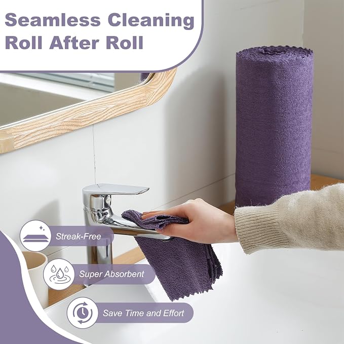 Jessy Home 2 Roll Reusable Paper Towels,100 Sheets Tear Away Microfiber Cleaning Cloth, Lint Free Cleaning Rags for Kitchen, Dishcloth,Household Cleaning Supplies