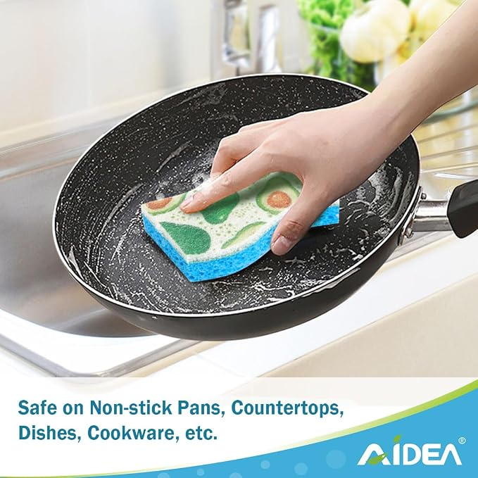 AIDEA Sponges Kitchen, Non-Scratch Scrub Sponge-6Count, Sponges for Non-Stick Cookware, Cellulose Sponge for Dishes, Cleans Fast Without Scratching, Cleaning Power for Kitchen, Bathroom, Household
