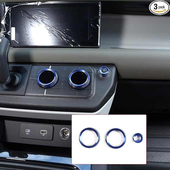 Aluminum Alloy Car Interior Air Conditioning & Volume Adjustment Knobs Decorative Cover Trim for Land Rover Defender 110 2020 Accessories (Blue)