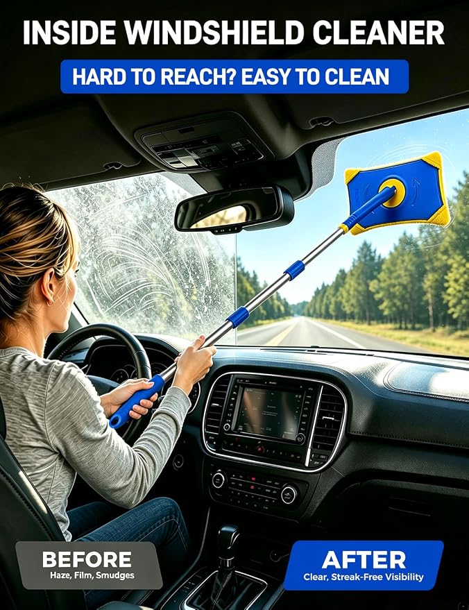 XINDELL Long Reach Windshield Cleaner Tool, 28"-44.5" Extendable Car Glass Cleaner with Curved Pole & Pivot Head, Inside Windshield Cleaner for SUV Truck RV, 4 Microfiber Pads | Curved Pole Pivot Head