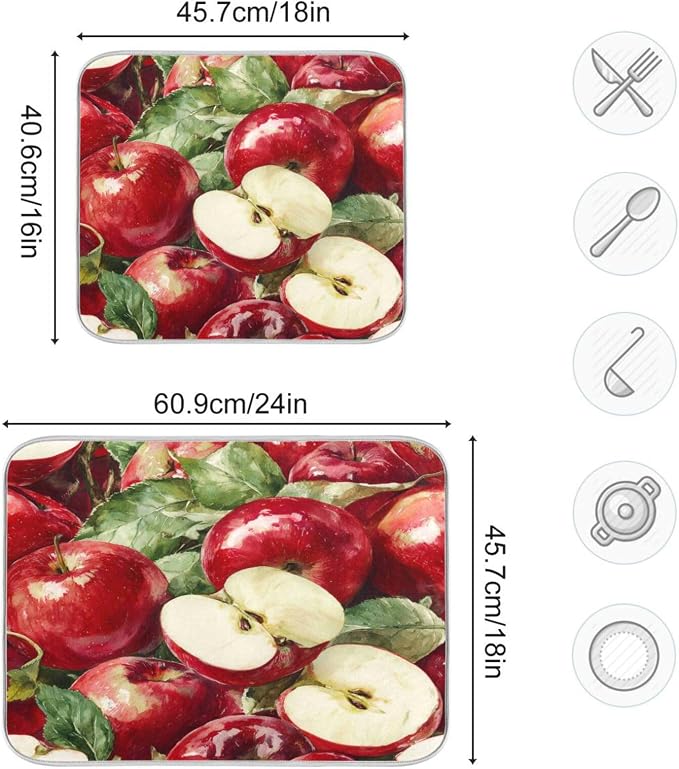 Leaves Red Apples Dish Drying Mat 16 X 18 Inch Natural Fresh Fruits Dry Dishes Pads Tableware Mats Absorbent Microfiber Protector for Kitchen Countertops Counter Home Decorations